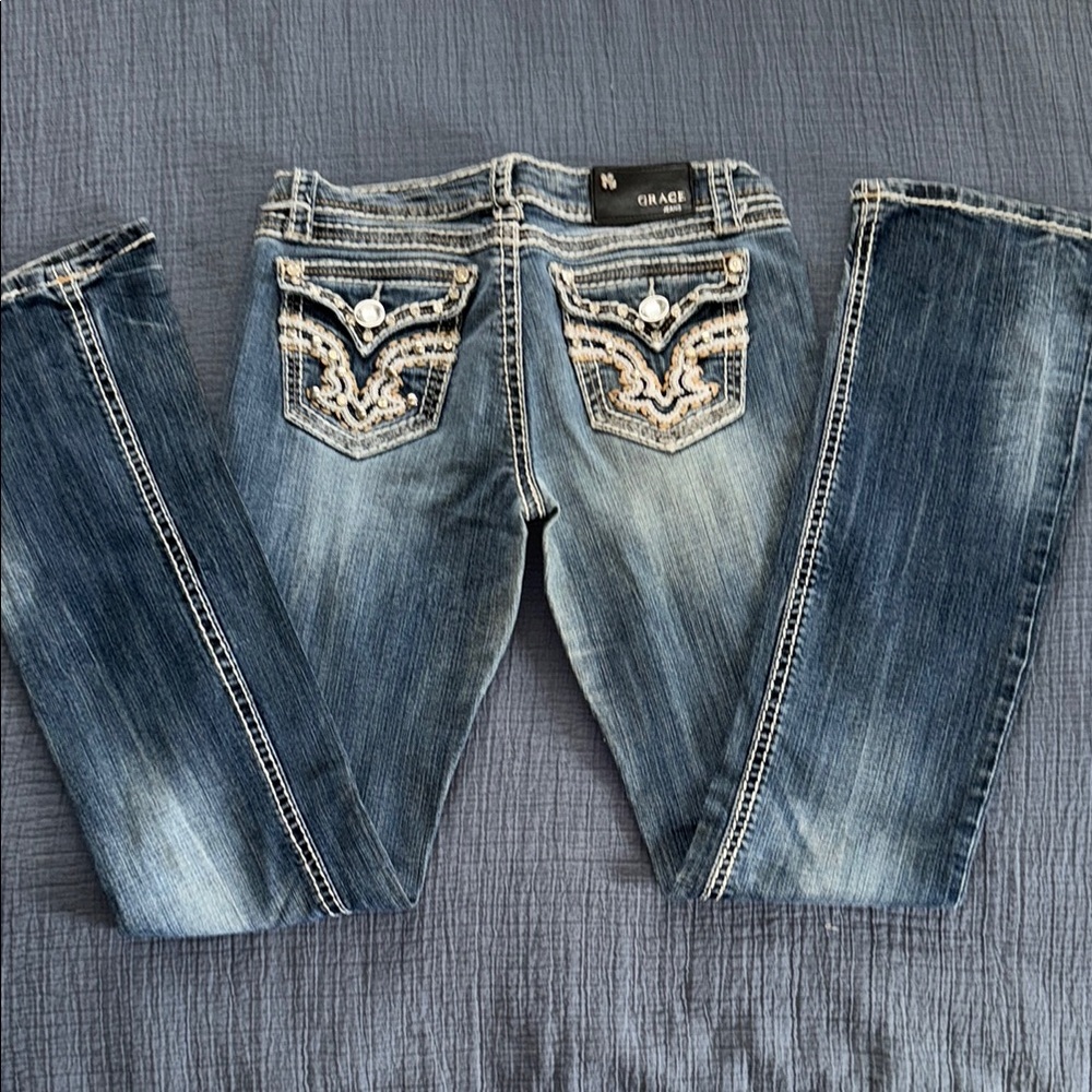 Grace In LA Denim Jeans with Blinged Out Embellished Pockets EUC 28